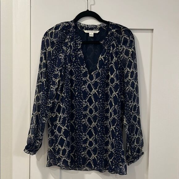Diane Von Furstenberg Navy, White and Yellow Blouse, Size 10 - Picture 1 of 10